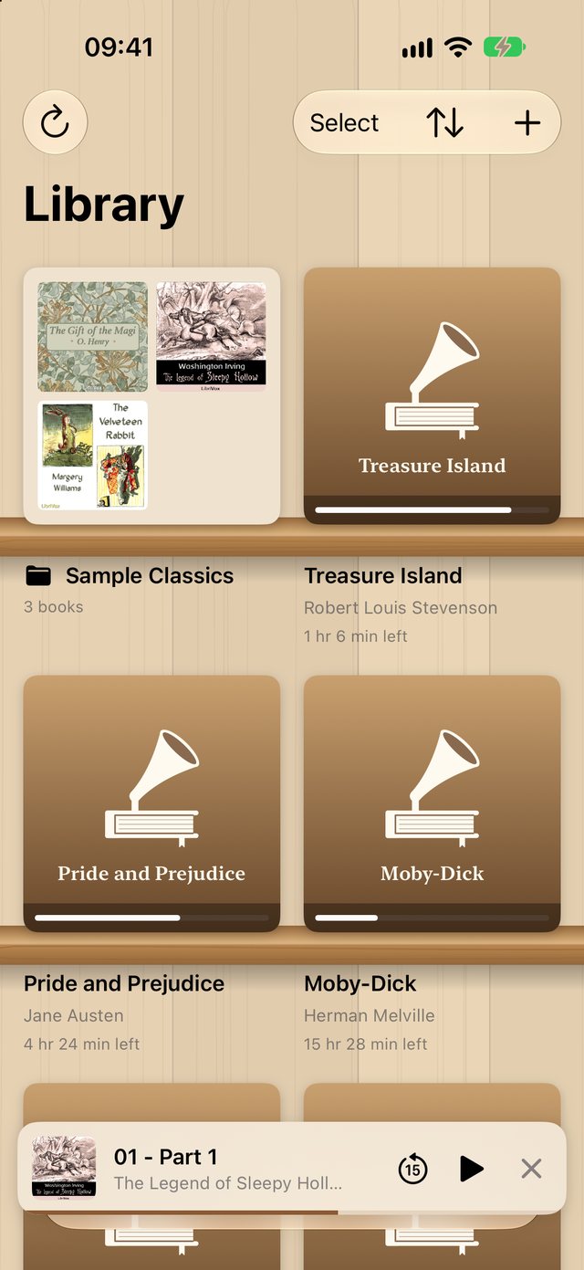 The LectorTome library on iPhone: Treasure Island, Pride and Prejudice and Moby-Dick on oak shelves beside a Sample Classics folder
