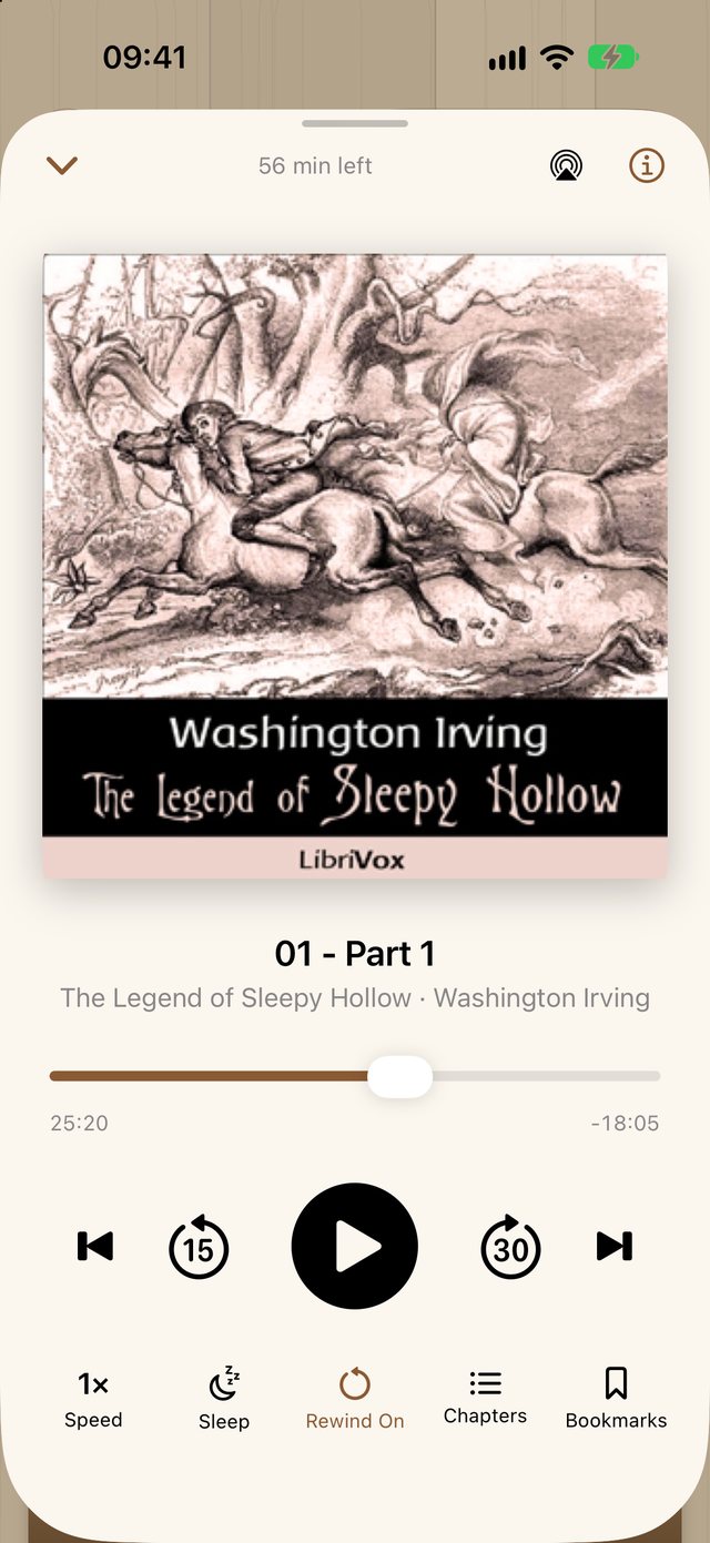 The LectorTome player on iPhone, playing The Legend of Sleepy Hollow