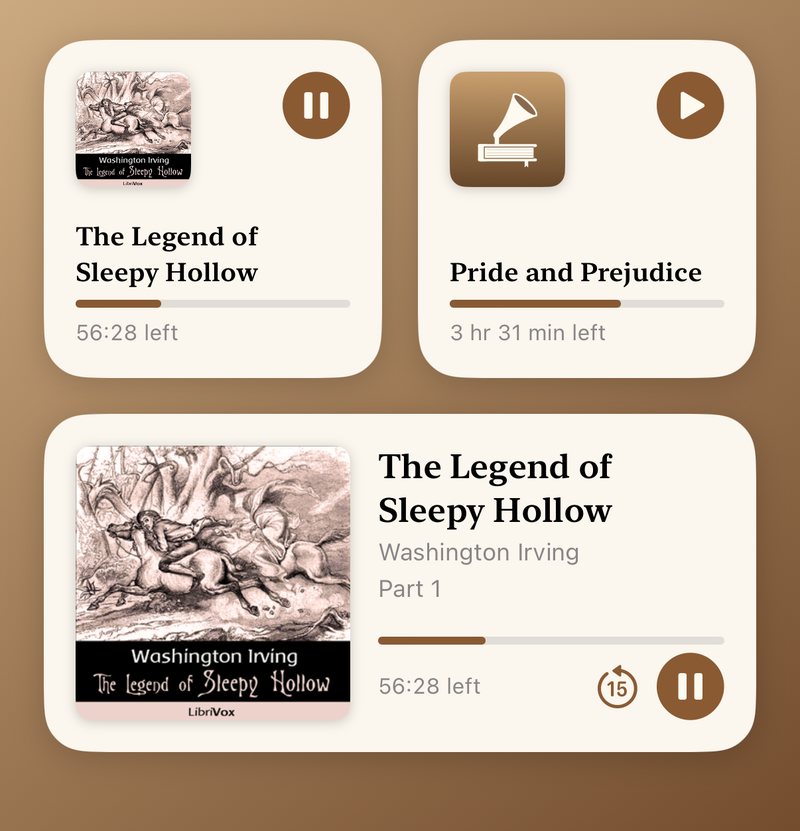LectorTome Home Screen widgets: small widgets for The Legend of Sleepy Hollow and Pride and Prejudice, and a medium widget with cover, chapter, progress, skip back and pause