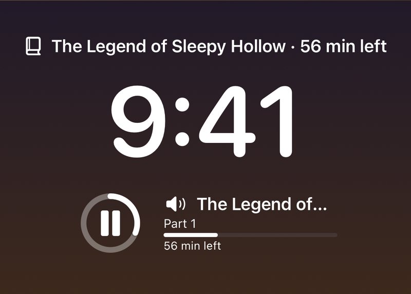 LectorTome on the Lock Screen: a line above the clock, a progress ring with a pause button, and a card with the title, chapter and time left